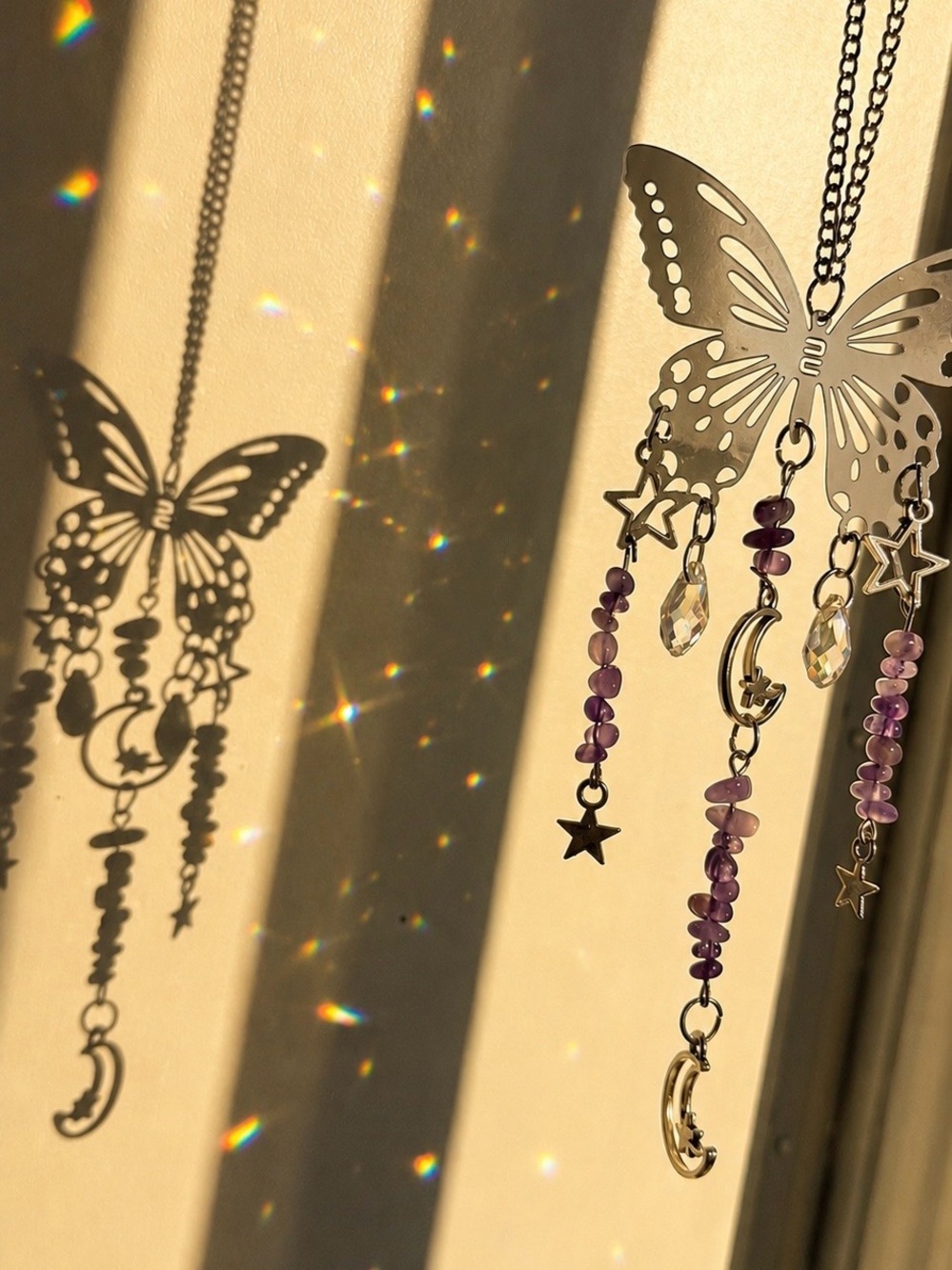 Butterfly Dangle sun catcher with Amethyst Beads and Star & Moon Charms